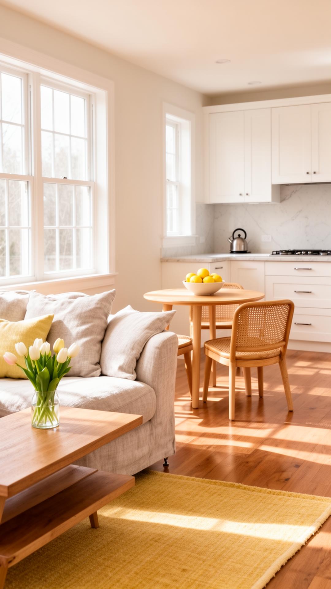 A bright, freshly cleaned open-concept home — living room, dining nook, and kitchen perfectly reset